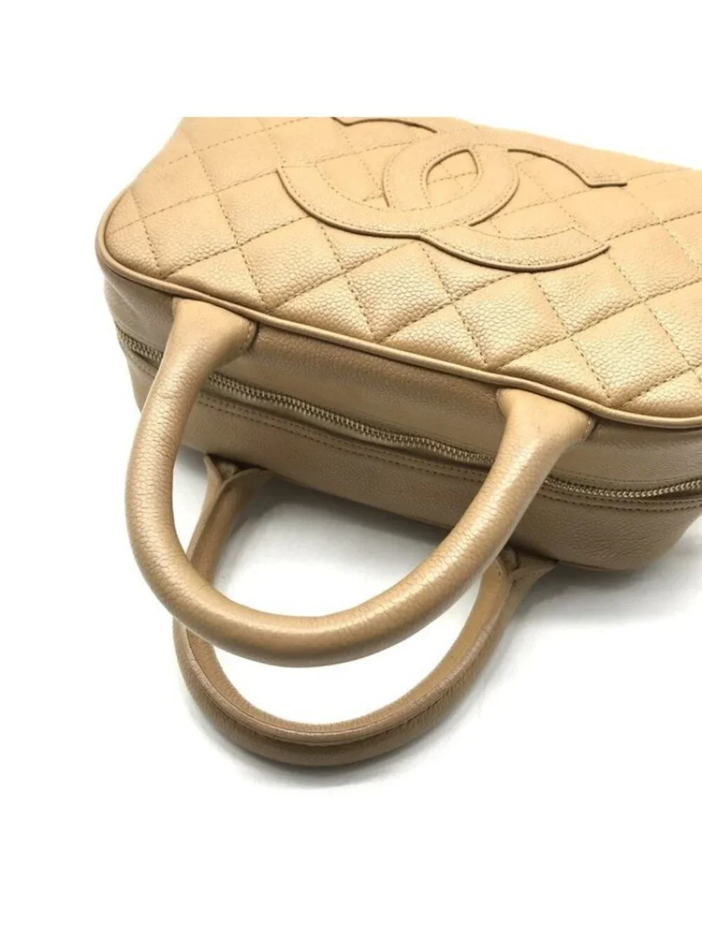 Chanel CC Logo Jumbo CC Quilted Mini Boston Hand Bag Beige